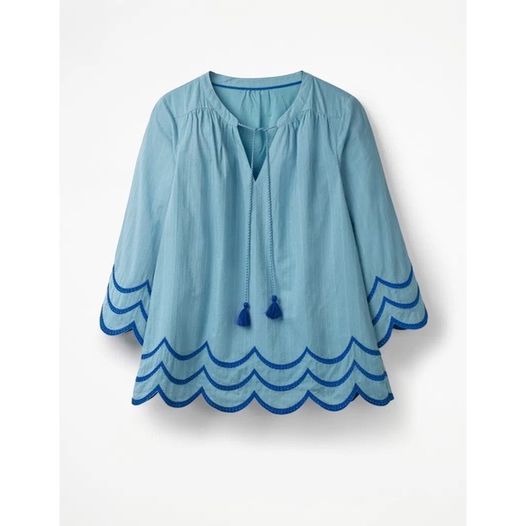 Boden Willa Flowy Peasant Blue Tassel Scalloped Hem Lined Top Boho Flirty Sz 6 - Picture 6 of 16